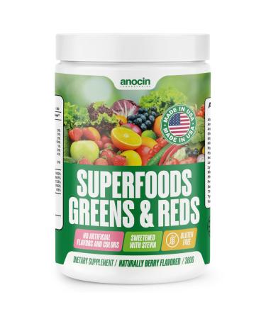 anocin Greens + Reds Superfood Powder Organic Spirulina Chlorella Wheatgrass & Berry Antioxidants Probiotics + Digestive Enzymes 30 Servings No Sugar Great Taste Mixes Smoothly