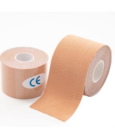 WELSTIK Waterproof Kinesiology Tape 2 Pack High Count Cotton Material Water Resistant (2 inch x 16.4 feet Beige Nude)