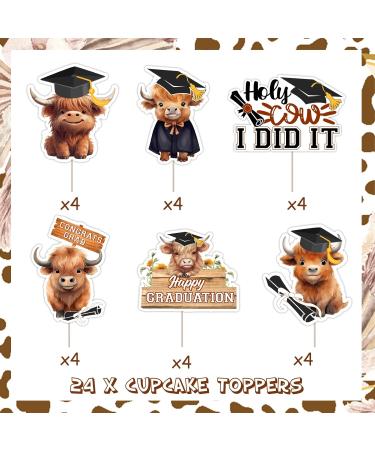 JOYMEMO 24 Pcs Highland Cow Graduation Cupcake Toppers - Brown Holy Cow I Graduated Decorations Double Sided Farm Animal Cow Themed Graduation Cake Decor for Class of 2024 Congrats Grad Party - Buy Online on GoSupps.com