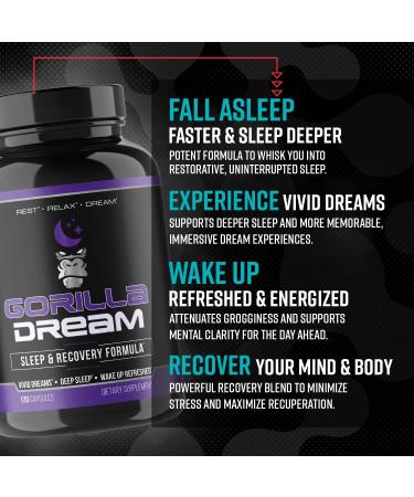 Gorilla Mind Dream Sleep Supplement (120 Capsules) - Nootropic Infused Comprehensive Sleep & Recovery Supplement - GABA, Melatonin, Valerian Root, Magnesium, L-Theanine, Sensoril, Ashwagandha & More - Buy Online on GoSupps.com