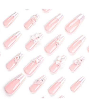 French Tip Press on Nails - Long Press On Nails with Nail Tips Pink flower bowknot Design pearl love heart false nails press on nails Acrylic False Nails Cute Artificial Nails - Buy Online on GoSupps.com