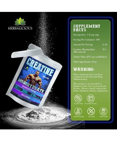 HERBALICIOUS Creatine Monohydrate Micronized Powder 5g per Serving for Strength Power and Performance Unflavored Non-GMO Formula 100 Servings 500g - Buy Online on GoSupps.com