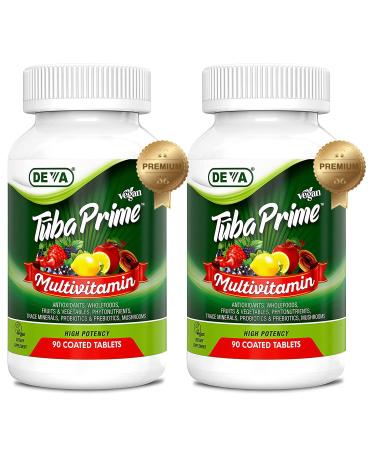 DEVA Tuba Prime Vegan Multivitamin High-Potency Vitamin and Mineral Dietary Supplement Antioxidants Fruit and Vegetable Blend Super Mushrooms Probiotics Prebiotics Seeds Herbs - 90 Tabs 2-Pack 90 Count (Pack of 2)