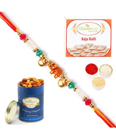 Ghasitaram Gifts Rakhi for Brother Rakhis Online - 2216 Pearl Rakhi for My Brother with 100 GMS of Dryfruits Mix Can 200 GMS of Kaju katli Rakhi & 100g Dryfruits Mix Can 200g Kaju katli