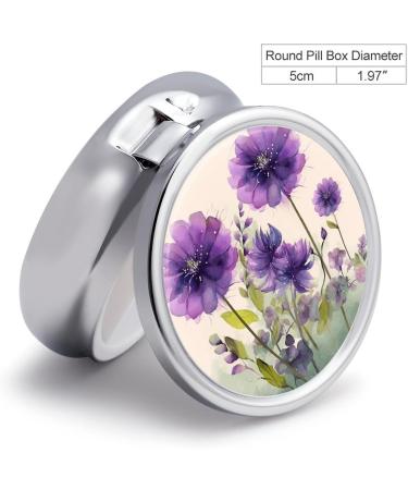 Round Pill Box with Purple Flowers | 3 Compartment Medicine Organizer | Portable Decorative Metal Pill Case - Buy Online on GoSupps.com