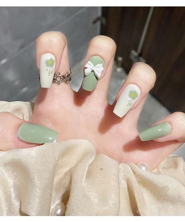 24pcs Green Floral Premium Coffin Fake Nail Green Bow 3D Press on Nails Summer Floral Nails Luxurious Nails Acrylic Nails Fake Nails For Women Girls