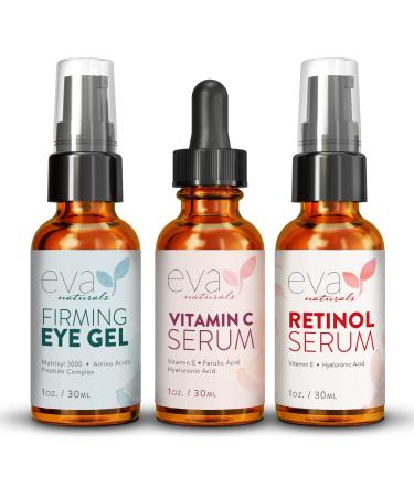 Eva Naturals Facelift in a Bottle - 3-in-1 Anti-Aging Set with Retinol Serum, Vitamin C Serum and Eye Gel - Formulated to Reduce Wrinkles, Fade Dark Spots and Treat Under-Eye Bags - Premium Quality - Buy Online on GoSupps.com