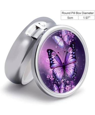 Beautiful Purple Butterfly Round Pill Box | 3 Compartment Portable Pill Organizer Decorative Metal Pocket Case for Medicine - Buy Online on GoSupps.com