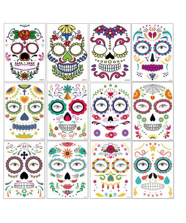 13PCS Halloween Temporary Face Tattoos for Party Masquerade Skull Face Red Rose Mask Tattoo Halloween Temporary Tattoos for Women Girls Men Adults