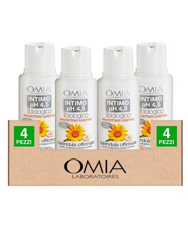 Omia 4 x Omia Ecobiological Intimate Cleansing Protective and Lenitive with Calendula Officinale and Natural Anti-inflammatories. Free from preservatives and dyes. pH 4.5 - 4 bottles of 250 ml each