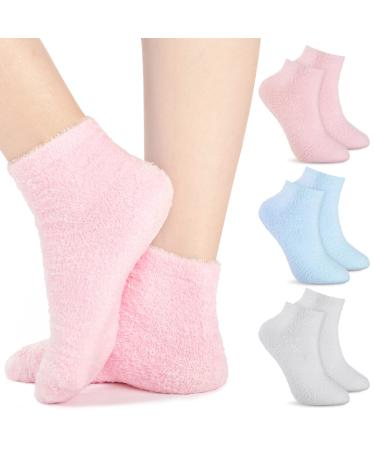 3 Pairs Aloe Socks Moisturizing Spa Socks Infused Socks Gel Sleeping Fuzzy Socks Dry Feet Socks Non Slip Lotion Socks for Women Men Repairing Softening Dry Cracked Feet Skins (Pink, Blue, Gray)
