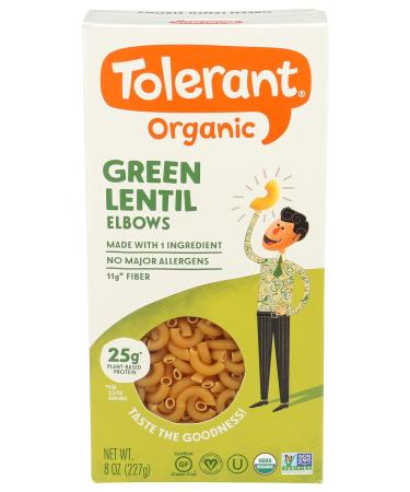 Tolerant Organic Green Lentil Elbows Pasta (8 oz) - Free from Allergens - Gluten Free, Vegan, Paleo, Plant Based Protein Pasta - Non GMO, Kosher - Made with 1 Single Ingredient