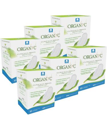 Organyc - 100% Certified Organic Cotton Feminine Pads - Sanitary Napkin with Wings for Women, Moderate Flow, Regular Absorbency, 60 Count (6 Pack of 10 Count) 10 Count (Pack of 6)