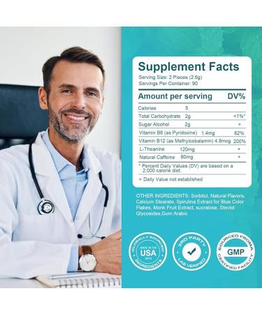 Energy Caffeine Mints Gum with L-Theanine, Caffeine, Vitamin B12 & B6 - Nootropic Supplement for Energy and Focus - Mint Flavor - Vegan & Gluten-Free - (90 Pieces) - Buy Online on GoSupps.com
