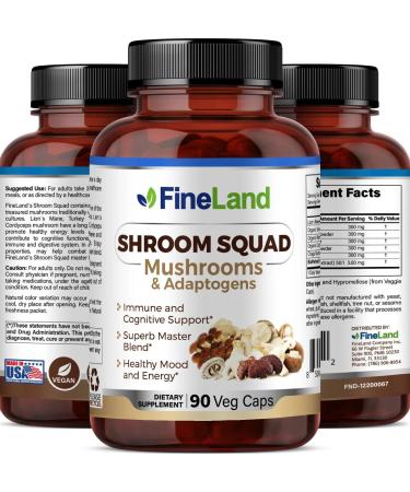 FineLand Shroom Squad 5-Mushroom Master Blend - 1500mg Complex with Lion s Mane Reishi Cordyceps Chaga & Turkey Tail - Enhanced with BioPerine - Cognitive Immune & Energy Support - 90 Veggie Caps - Buy Online on GoSupps.com