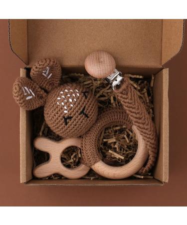 TIAN-K 3pcs Baby Shower Gift Set | Pacifier Chain Wooden Teether & Animal Rattle for Newborns - Buy Online on GoSupps.com