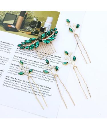 inSowni 7 Pieces Vintage Proms Bridal Wedding Glitter Emerald Green Rhinestone Crystal Gold Metal Hair Side Combs Slides U-shaped Hair Pins Accessories for Women Flower Girls Brides Bridesmaids - Buy Online on GoSupps.com