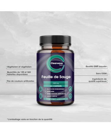 Sage Tablets - 365 Pack - 1 Year Supply - 1800mg High Potency Sage Leaf Tablets - Menopause Support - Vegan - Clearwave Health - Buy Online on GoSupps.com