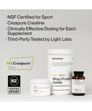 Momentous Three - Creatine Monohydrate Powder (30 Servings), Grass-Fed Whey Protein Powder (Unflavored) & Omega-3 Fish Oil 1600mg - Daily Essentials for Strength, Performance & Lean Muscle Recovery - Buy Online on GoSupps.com