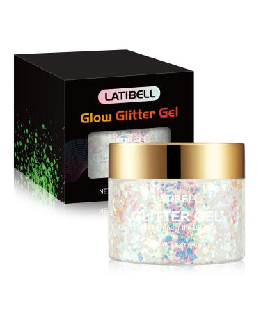 LATIBELL Glow in The Dark Body Glitter Gel  UV Body Glitter Glow in The Dark  Neon Body Glitter Face Glitter Gel  Chunky Glitter Makeup Festival Party Rave Accessories - 2.4 oz (Pearl White)