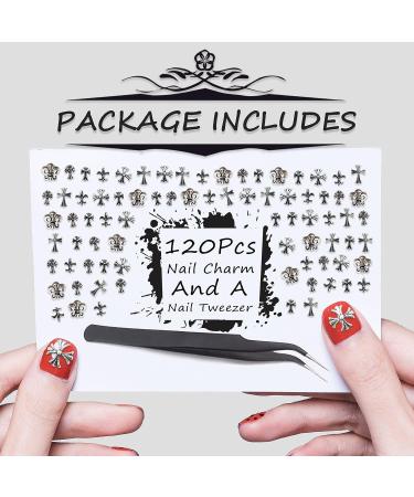 120Pcs 3D Metal Cross Nail Charms with Nail Tweezer - DIY Punk Gothic Manicure Accessories in Silver - Buy Online on GoSupps.com