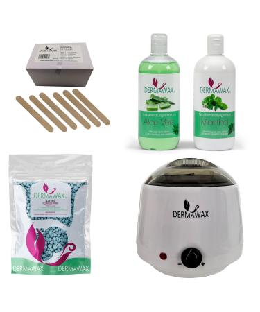 Dermawax Profi Waxing Set- 1000 ml of wax device Made in Spain-1 kg aloe vera wax sparrow- 500 ml aloe vera pretreatment lotion- 500 ml menthol after treatment milk 200 pieces of wood spatula