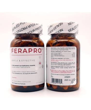 FERAPRO 30MG 100 CAPS | Vegan Iron Supplement | With Vitamin C 175mg Methylcobalamin 1000mcg 5-MTHF 80mcg and Glycine 100mg - Buy Online on GoSupps.com