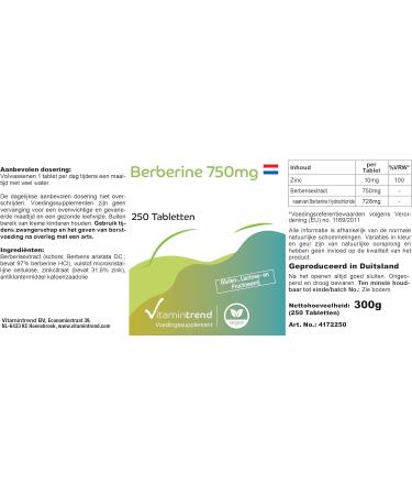 Vitamin trend Berberine HCl 750mg with zinc high dosage vegan 250 tablets Vitamintrend - Buy Online on GoSupps.com