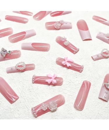 24pcs Long Square Press on Nails - French Tip Acrylic Nails with 3D Bow Heart and Pearls | Glossy Pink Full Cover Glue-on Nails for Women & Girls - Buy Online on GoSupps.com