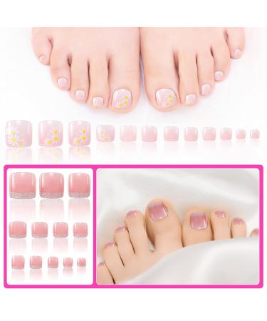 Nuorest 138pcs Short Square Flower Press On Toe Nails - Pink Full Cover Acrylic Toenails for Women & Girls - Buy Online on GoSupps.com