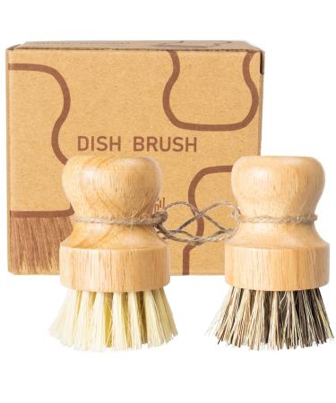 2 Pack Round Wooden Dish Brush Natural Fiber Scrub Brush Set Durable Scrubber Cleaning Tools for Cleaning Vegetables Pots and Pans
