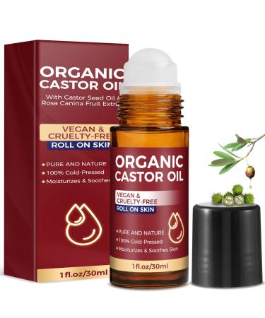 Organic Castor Oil Roll on, Castor Oil Roller Ball for Eyes, Face, Body Skin, Hair and Belly Button, Cold Pressed Unrefined, in Glass Bottle, Travel Size (1Fl Oz) 1 Fl Oz (Pack of 1)