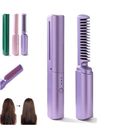 Rechargeable Mini Hair Straightener 2023 Portable Hair Straightener Brush Upgrade 2 in 1 Cordless Hair Straightener and Curler Three Temperature Adjustable Flat Iron Straightening Comb (Purple)