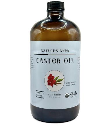 Generic Natures Aura Organic Castor Oil - Glass 946ml (32 Oz) | Cold Pressed Hexane Free USDA Approved W/Free Mascara Wands clear/yellow