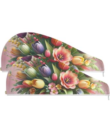 Elegant Tulip Flower Arrangement Hair Towel 2 Pack | Super Absorbent Quick Dry Hair Turbans for Women & Girls | Perfect Mother's Day Gift - Buy Online on GoSupps.com