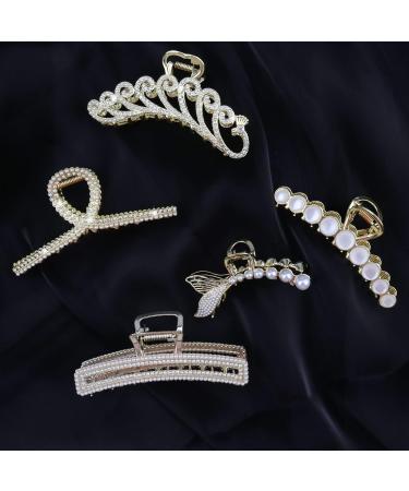 5 Pcs Large Metal Hair Claw Clips with Shiny Pearl and Rhinestone - Non-Slip Hair Clamps for Thin and Thick Hair - Cat's Eye Opal Stone Hair Hold Clip for Women - Buy Online on GoSupps.com