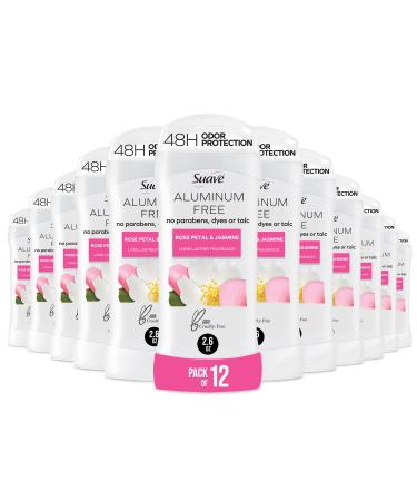 Suave Aluminum Free Deodorant for Women Rose Petal and Jasmine 48-Hour Odor Protection Free of Talc Parabens & Dyes 2.6 oz (Pack of 12)