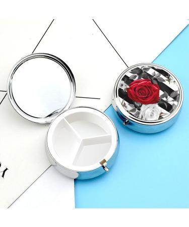 Decorative Round Pill Box - Black White Stripes & Red Rose - 3 Compartment Metal Pill Organizer for Travel - Buy Online on GoSupps.com