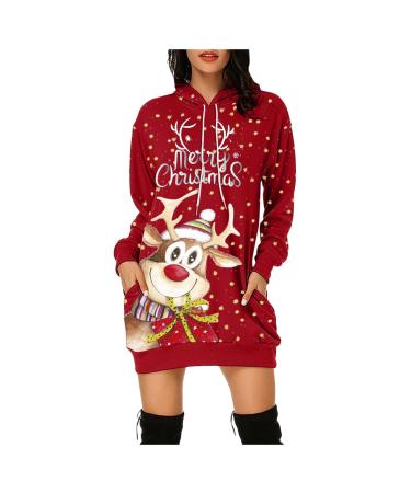Hanxiulin Christmas dress ladies hoodie christmas clothes long -sleeved elegant Christmas sweater evening dress women autumn and winter new long -sleeved Christmas casual attractive red s