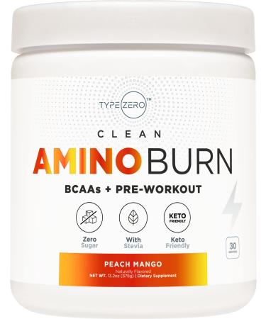 Type Zero AminoBurn - Natural Pre Workout + BCAA (Peach Mango | 30serv) Sugar Free BCAAs Amino Acids Supplement Keto and Amino Preworkout and Post Workout Drink 30 Servings (Pack of 1)