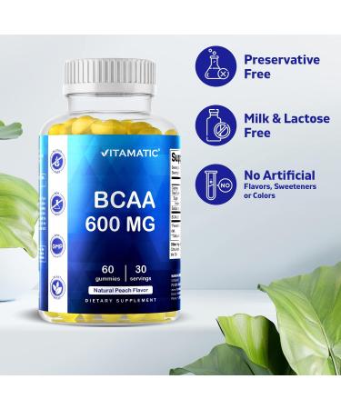 Vitamatic BCAA Gummies - Vegan Peach Amino Acid Supplements - 600mg 60 Pectin Gummies for Muscle Recovery & Endurance - Buy Online on GoSupps.com