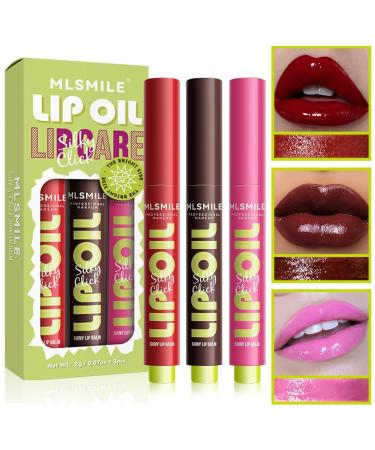 LADYFOX 3 Colors Fat Lip Oil Click Slick Moisturizing and Long-lasting Lip Balm Non-stick and High Pigment Lip Glow Oil Lightweight Lip Plumper with Coconut Oil (Set: C)