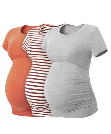 LAPASA Women's Maternity Tops Soft Modal Cotton Pregnancy Tshirts Side Ruched Crew Neck Short Sleeve Tees L55 XXL Burn Red+red Stripe+heather Gray