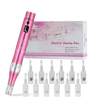 TBPHP M1 Electric Derma Beauty Pen Professional at-Home Kit with 12Pcs Replacement Cartridges - trusty Skin Care Tool Kit (Pink)
