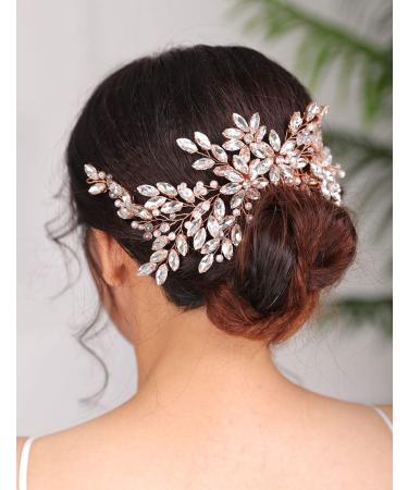 Denifery Rose Gold Bridal Hair Comb Sparkly Rhinestones Wedding Hair Comb Pearl Bridal Headpiece Rose Gold Hair Accessories for Women and Girls (Rose Gold)