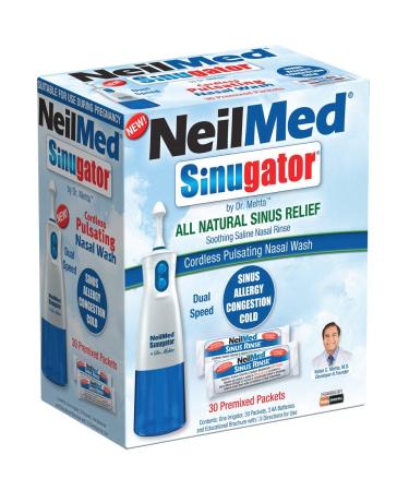 NeilMed Sinugator Cordless Pulsating Nasal Wash Kit with One Irrigator, 30 Premixed Packets and 3 AA Batteries Blue