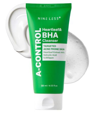 NINELESS A-Control Heartleaf & BHA Cleanser Korean Exfoliating Face Wash with Salicylic Acid for Clear Skin Blackhead Remover Deep Pore Cleansing 4.05oz.