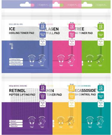 DERMAL 6 Types Toner Pad Trial Kit Portable Travel Combo Set - Ice Cooling Collagen Retinol Madecassoside Tea Tree Vitamin Korean Face Toner Pads 12 Pads x 6 Pack