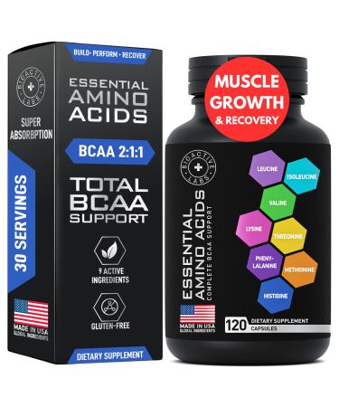 Essential Amino Acids for Muscle Growth for Men & Women - Vegan BCAA Amino Acid Supplement Complex with All 9 BCAAs Essential Aminos - Advanced Workout Power & Recovery Formula - 120 EAA BCAA Pills 120 Capsules (Pack of 1)