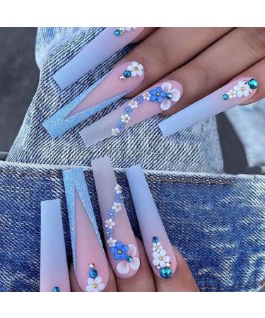 qazaa 24Pcs Pink Blue Gradient Camellia False Nails Long Coffin Nail Tips Detachable Press on Nails Manicure Glitter Nails - Buy Online on GoSupps.com